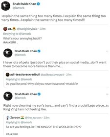 Shah Rukh Khan's answers during AskSRK session on Twitter. Shah Rukh Khan's answers during AskSRK session on Twitter.