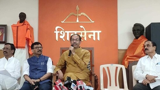 Former Maharashtra chief minister Uddhav Thackeray addresses a press conference at Sena bhavan in Mumbai. (HT photo/Anshuman Poyrekar.)