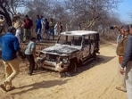 **EDS, VIDEOGRAB** Bhiwani: Charred remains of a vehicle where bodies of two Muslim men were found, at Loharu in Bhiwani district, Haryana. Nasir and Junaid alias 'Juna', both residents of Ghatmeeka village in Bharatpur district of Rajasthan, were allegedly abducted on Wednesday and their bodies were found on Thursday morning. (PTI Photo)(PTI02_17_2023_000250A)