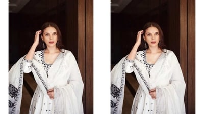 The Anarkali suit features a kurta with full-length sleeves, a fit-and-flare silhouette, intricate embroidery and a scoop neckline. Aditi wore it with matching flared pants and a chiffon dupatta. (Instagram) The Anarkali suit features a kurta with full-length sleeves, a fit-and-flare silhouette, intricate embroidery and a scoop neckline. Aditi wore it with matching flared pants and a chiffon dupatta. (Instagram)