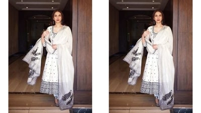 Aditi promoted her upcoming Zee5 historical drama - Taj: Divided by Blood - dressed in a black and white anarkali suit set. Her stylist, Sanam Ratansi - posted pictures of her gorgeous ethnic avatar on social media with a white heart emoji. (Instagram) Aditi promoted her upcoming Zee5 historical drama - Taj: Divided by Blood - dressed in a black and white anarkali suit set. Her stylist, Sanam Ratansi - posted pictures of her gorgeous ethnic avatar on social media with a white heart emoji. (Instagram)