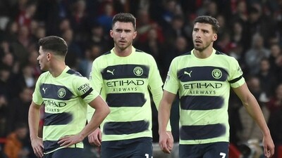Manchester City's Julian Alvare (left), Aymeric Laporte (centre) and Ruben Dias walk on the pitch (AP) Manchester City's Julian Alvare (left), Aymeric Laporte (centre) and Ruben Dias walk on the pitch (AP)