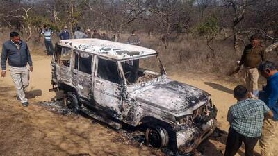 Charred remains of a vehicle where bodies of two Muslim men were found at Loharu in Bhiwani district of Haryana. (PTI) Charred remains of a vehicle where bodies of two Muslim men were found at Loharu in Bhiwani district of Haryana. (PTI)