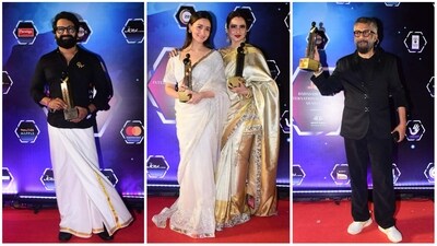 Rishab Shetty, Alia Bhatt, Rekha and Vivek Agnihotri with their trophies at Dadasaheb Phalke International Film Festival Awards. (Varinder Chawla) Rishab Shetty, Alia Bhatt, Rekha and Vivek Agnihotri with their trophies at Dadasaheb Phalke International Film Festival Awards. (Varinder Chawla)
