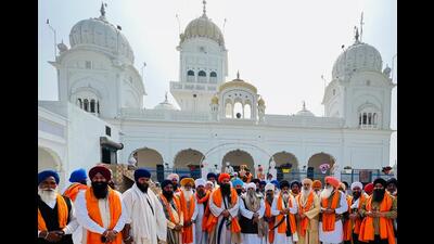 Haryana Sikh Gurdwara Management Committee (HSGMC) outside a gurdwara in Kaithal. (HT photo)