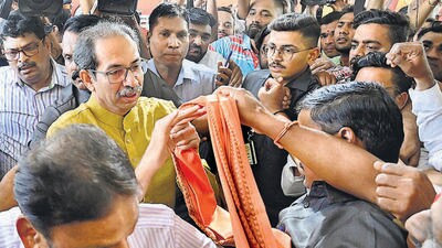 Mumbai, India - February 20, 2023: Uddhav Thackeray meets his party workers outside Sena Bhavan, Dadar, in Mumbai, India, on Monday, February 20, 2023. (Photo by Anshuman Poyrekar/ Hindustan Times) (Anshuman Poyrekar/HT PHOTO) Mumbai, India - February 20, 2023: Uddhav Thackeray meets his party workers outside Sena Bhavan, Dadar, in Mumbai, India, on Monday, February 20, 2023. (Photo by Anshuman Poyrekar/ Hindustan Times) (Anshuman Poyrekar/HT PHOTO)