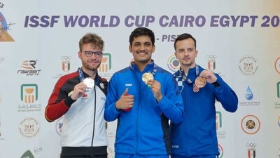 The young shooter bagged his second title at the event after claiming the mixed doubles event the previous day The young shooter bagged his second title at the event after claiming the mixed doubles event the previous day