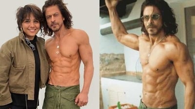 Shah Rukh Khan with his makeup artist from Pathaan set (left); Shah Rukh in a still from the film (right). Shah Rukh Khan with his makeup artist from Pathaan set (left); Shah Rukh in a still from the film (right).