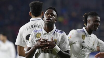 Real Madrid's Vinicius Junior celebrates after scoring a disallowed goal (AP) Real Madrid's Vinicius Junior celebrates after scoring a disallowed goal (AP)