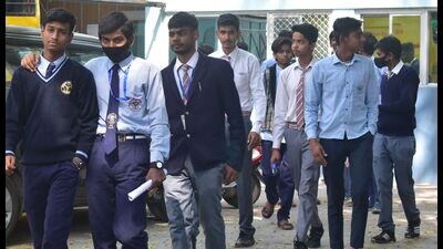 Students coming out of a centre after appearing in their U.P. Board exams in Prayagraj on Tuesday (HT Photo) Students coming out of a centre after appearing in their U.P. Board exams in Prayagraj on Tuesday (HT Photo)