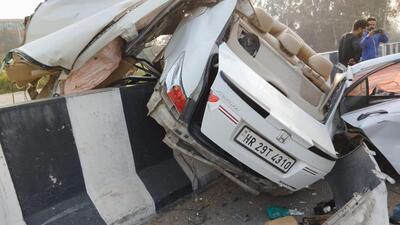 The mangled remains of the car near the bridge on Kharar-Kurali highway on the intervening night of Monday and Tuesday. (HT File)