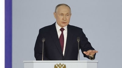 Russian President Vladimir Putin delivers his annual address to the Federal Assembly in Moscow, Russia February 21, 2023. (via REUTERS)