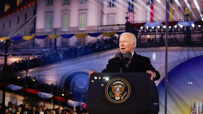 US President Joe Biden delivers remarks ahead of the one year anniversary of Russia's invasion of Ukraine, outside the Royal Castle, in Warsaw, Poland, on Tuesday. (REUTERS) US President Joe Biden delivers remarks ahead of the one year anniversary of Russia's invasion of Ukraine, outside the Royal Castle, in Warsaw, Poland, on Tuesday. (REUTERS)