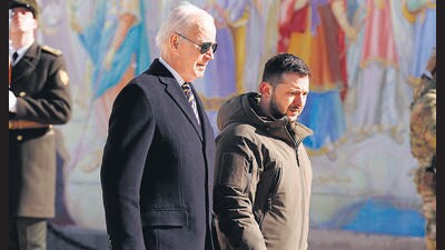 US President Joe Biden walks next to Ukrainian President Volodymyr Zelensky as he arrives for a visit in Kyiv on February 20, 2023 (AFP) US President Joe Biden walks next to Ukrainian President Volodymyr Zelensky as he arrives for a visit in Kyiv on February 20, 2023 (AFP)
