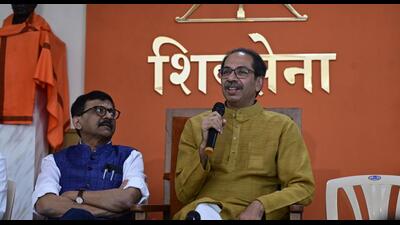 Uddhav Thackeray alongside MP Sanjay Raut addresses the media during a press conference, at Sena Bhavan, Dadar, in Mumbai, on Monday. (Anshuman Poyrekar/HT PHOTO) Uddhav Thackeray alongside MP Sanjay Raut addresses the media during a press conference, at Sena Bhavan, Dadar, in Mumbai, on Monday. (Anshuman Poyrekar/HT PHOTO)