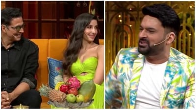 Akshay Kumar, Nora Fatehi and Kapil Sharma on The Kapil Sharma Show. Akshay Kumar, Nora Fatehi and Kapil Sharma on The Kapil Sharma Show.