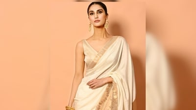 Vaani Kapoor's chanderi silk drape featured golden line borders around the chest and floral prints towards the lower part of the 6 yards. (Instagram/@_vaanikapoor_) Vaani Kapoor's chanderi silk drape featured golden line borders around the chest and floral prints towards the lower part of the 6 yards. (Instagram/@_vaanikapoor_)