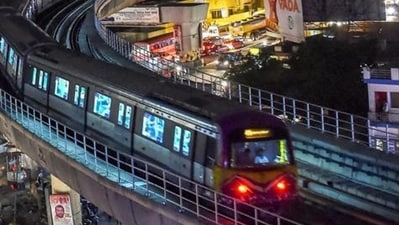 A six-coach Namma Metro train (Bengaluru) runs on a track after its inauguration in June 2018. (PTI File Photo) A six-coach Namma Metro train (Bengaluru) runs on a track after its inauguration in June 2018. (PTI File Photo)