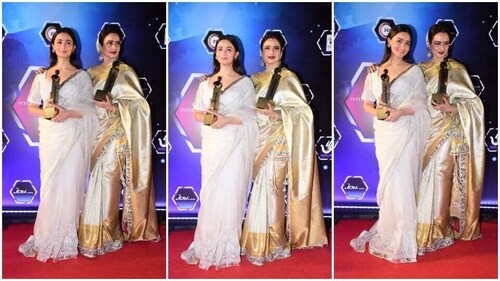 Alia Bhatt and Rekha pose for paparazzi at Dadasaheb Phalke International Film Festival. (HT Photo/Varinder Chawla) Alia Bhatt and Rekha pose for paparazzi at Dadasaheb Phalke International Film Festival. (HT Photo/Varinder Chawla)