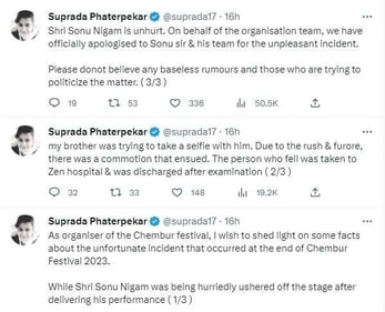 Suprada shared a series of tweets talking about the incident.