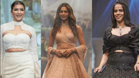Actors Rakul Preet Singh and Lakshmi Manchu along with badminton player Saina Nehwal at Teach for India charity fashion show in Hyderabad.