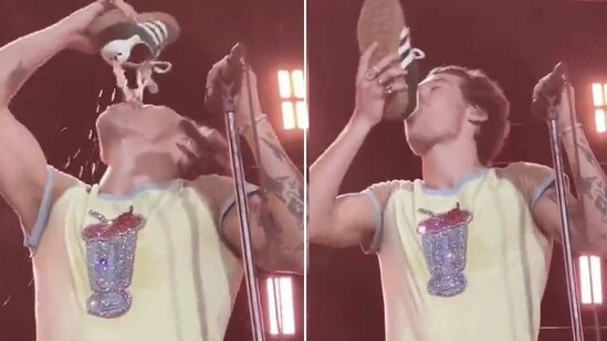 Harry Styles performed his first Aussie show in Perth on Monday where he drank from his own shoe.