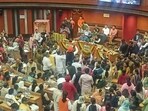 BJP raised slogans and demanded re-casting of votes using secret ballot. BJP raised slogans and demanded re-casting of votes using secret ballot.