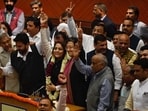 Shelly Oberoi, with other AAP leaders, seen celebrating her win in the civic body mayoral poll that took place at MCD headquarters on Wednesday.