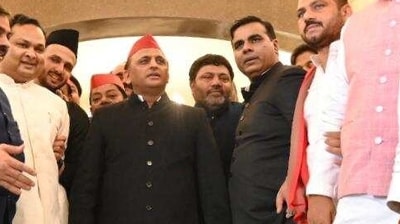 SP legislators in their black sherwanis (Twitter/Samajwadi Party) SP legislators in their black sherwanis (Twitter/Samajwadi Party)