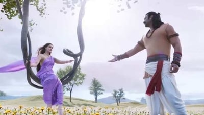 Adipurush features Kriti Sanon and Prabhas in characters inspired by Ram and Sita. Adipurush features Kriti Sanon and Prabhas in characters inspired by Ram and Sita.