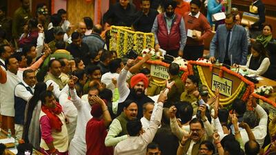 BJP councillors shout slogan against AAP Mayor Shally oberoi during the elections of MCD standing committee, at the Civic Centre in New Delhi, India, on Wednesday. (HT PHOTO) BJP councillors shout slogan against AAP Mayor Shally oberoi during the elections of MCD standing committee, at the Civic Centre in New Delhi, India, on Wednesday. (HT PHOTO)