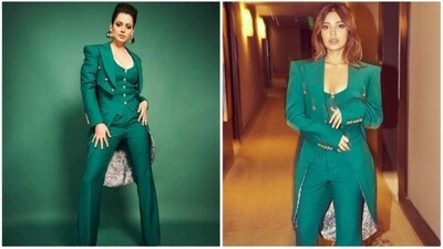 Bhumi Pednekar recently dropped a string of images on her Instagram handle that features her in an emerald green pantsuit from the clothing line of designer Helen Anthony. The same suit was worn by Kangana Ranaut in 2022. (Instagram) Bhumi Pednekar recently dropped a string of images on her Instagram handle that features her in an emerald green pantsuit from the clothing line of designer Helen Anthony. The same suit was worn by Kangana Ranaut in 2022. (Instagram)