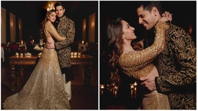 Kiara Advani and Sidharth Malhotra recently took to their Instagram handles to share pictures from their sangeet night in which the couple can be seen twinning in golden outfits. (Instagram/@kiaraaliaadvani) Kiara Advani and Sidharth Malhotra recently took to their Instagram handles to share pictures from their sangeet night in which the couple can be seen twinning in golden outfits. (Instagram/@kiaraaliaadvani)