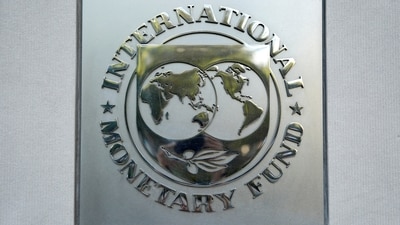 The International Monetary Fund logo is seen at IMF headquarters in Washington, US. (Reuters)