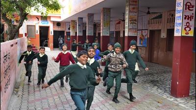 Ludhiana, India – March 08, 2020: Students playing in corridor in absence of playground at government primary school Number 5, College Road in Ludhiana on Sunday, March 8, 2020. (Photo by Gurpreet Singh/Hindustan Times) Ludhiana, India – March 08, 2020: Students playing in corridor in absence of playground at government primary school Number 5, College Road in Ludhiana on Sunday, March 8, 2020. (Photo by Gurpreet Singh/Hindustan Times)