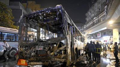 Mumbai, India - February 22, 2023: AC BEST bus seen completely gutted after it catches fire near Andheri railway station, at Andheri (East), in Mumbai, India, on Wednesday, February 22, 2023. (Photo by Vijay Bate/HT Photo) (HT PHOTO) Mumbai, India - February 22, 2023: AC BEST bus seen completely gutted after it catches fire near Andheri railway station, at Andheri (East), in Mumbai, India, on Wednesday, February 22, 2023. (Photo by Vijay Bate/HT Photo) (HT PHOTO)
