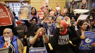 People react to the passing of an ordinance to add caste to Seattle’s anti-discrimination laws in the Seattle City Council chambers, , in Seattle, US, on Tuesday. (AP) People react to the passing of an ordinance to add caste to Seattle’s anti-discrimination laws in the Seattle City Council chambers, , in Seattle, US, on Tuesday. (AP)