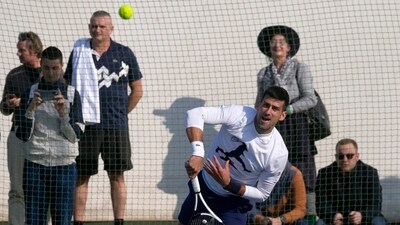 Serbian tennis player Novak Djokovic serves the ball during his open practise session in Belgrade (AP)
