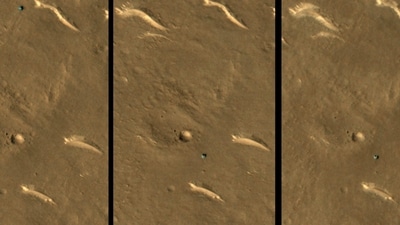 The rover is the dark and relatively bluish feature visible in the upper middle of the first (left) image and lower middle of the other two images. (NASA/JPL-Caltech/UArizona)
