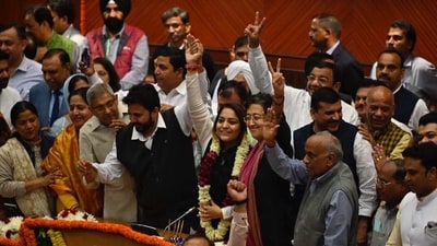 Shelly Oberoi, with other AAP leaders, seen celebrating her win in the civic body mayoral poll that took place at MCD headquarters on Wednesday. Shelly Oberoi, with other AAP leaders, seen celebrating her win in the civic body mayoral poll that took place at MCD headquarters on Wednesday.