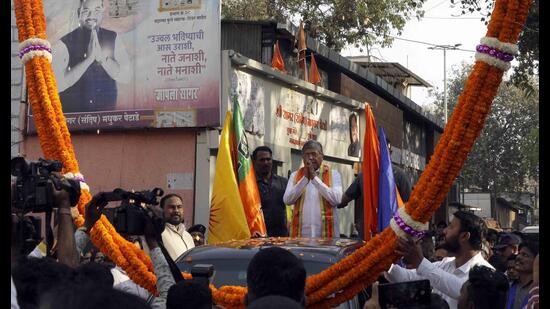 Chandrakant Patil at Ganj Peth in Pune on Wednesday. (Rahul Raut/HT PHOTO)
