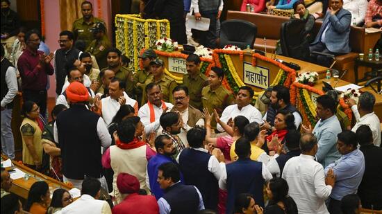 The ruckus continued till late night. At the time of going to the print, the House was still in session, and the House was ringing with slogan shouting. (Raj K Raj/HT Photo)