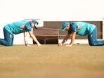 Australia's Steve Smith (L) and David Warner inspect the Delhi pitch ahead of the 2nd Test Australia's Steve Smith (L) and David Warner inspect the Delhi pitch ahead of the 2nd Test