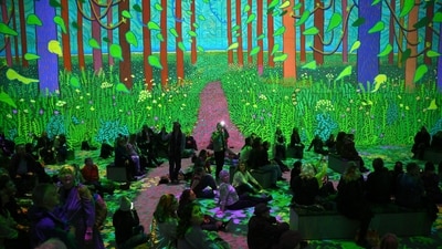 Visitors attend the ‘David Hockney: Bigger & Closer (not smaller & further away)’ immersive exhibition at the Lightroom gallery in London, on February 22. The British painter’s first immersive show opened to the public on Wednesday, offering a high-tech, multi-sensory journey through his decades-long career. ( Daniel Leal / AFP) Visitors attend the ‘David Hockney: Bigger & Closer (not smaller & further away)’ immersive exhibition at the Lightroom gallery in London, on February 22. The British painter’s first immersive show opened to the public on Wednesday, offering a high-tech, multi-sensory journey through his decades-long career. ( Daniel Leal / AFP)
