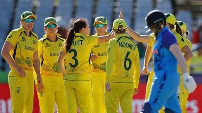 Australia's Megan Schutt celebrates a wicket with teammates during a T20I match against India in ICC Women's T20 World Cup 2023, at Newlands, in Cape Town. (ICC Twitter) Australia's Megan Schutt celebrates a wicket with teammates during a T20I match against India in ICC Women's T20 World Cup 2023, at Newlands, in Cape Town. (ICC Twitter)