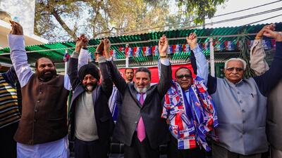 Apni Party president Altaf Bukhari with other leaders during the party's joining programme in Jammu on Thursday. (PTI)