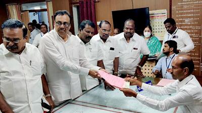Congress candidate E.V.K.S Elangovan files his nomination papers for the Erode East Assembly by-election, in Erode on Friday. (ANI) Congress candidate E.V.K.S Elangovan files his nomination papers for the Erode East Assembly by-election, in Erode on Friday. (ANI)