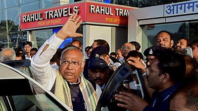 Congress president Mallikarjun Kharge waves upon his arrival at Raipur airport in Chattisgarh on Thursday. (PTI) Congress president Mallikarjun Kharge waves upon his arrival at Raipur airport in Chattisgarh on Thursday. (PTI)