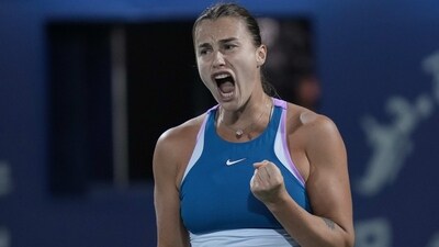 Aryna Sabalenka reacts after she got a point against Latvia's Jeļena Ostapenko during a match of the Dubai Duty Free Tennis Championships in Dubai, United Arab Emirates, Wednesday, Feb 22, 2023. (AP Photo/Kamran Jebreili) (AP) Aryna Sabalenka reacts after she got a point against Latvia's Jeļena Ostapenko during a match of the Dubai Duty Free Tennis Championships in Dubai, United Arab Emirates, Wednesday, Feb 22, 2023. (AP Photo/Kamran Jebreili) (AP)