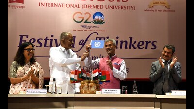 External Affairs Minister S Jaishankar at “G20 Festival of Thinkers’, an event organised by Symbiosis International University, in Pune on Thursday. (HT PHOTO)